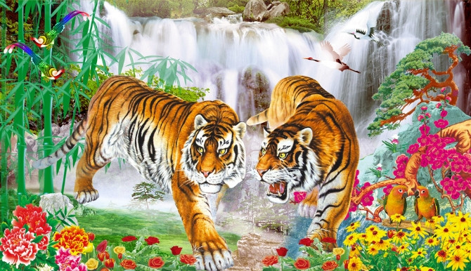 Набір для вишивання хрестиком пейзаж тигри біля водоспаду 90*60 см (розмір картини 78*46 см), фото 1