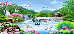 Набір для вишивання хрестиком пейзаж веселка водоспад птаха 100*55 см (розмір картини 89*44см)