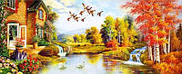 Набор для вышивки крестом пейзаж осень озеро домик лебеди 150*65см (размер картины 140*52см)