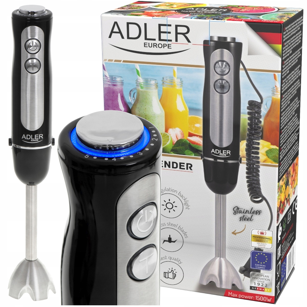 Занурювальний блендер Adler AD 4625B - 850 Вт, 5 швидкостей, Turbo, нержавіюча сталь