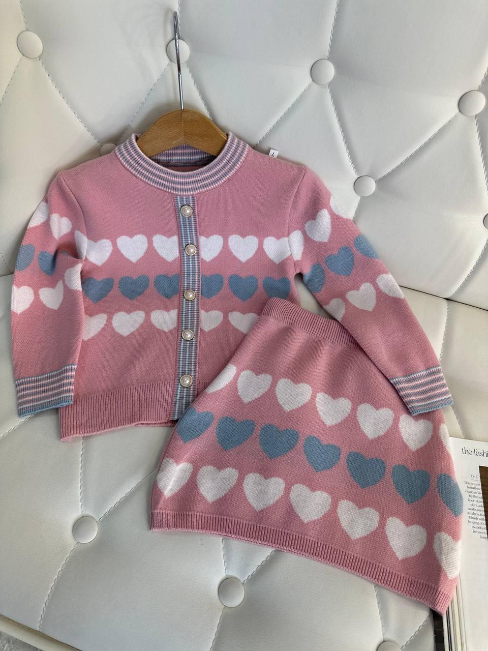 Комплект для дівчинки 2-а теплий Светр і спідниця в серці Рожевий 308, 19, Рожевий, Для дівчаток, Зима, 104, фото 1