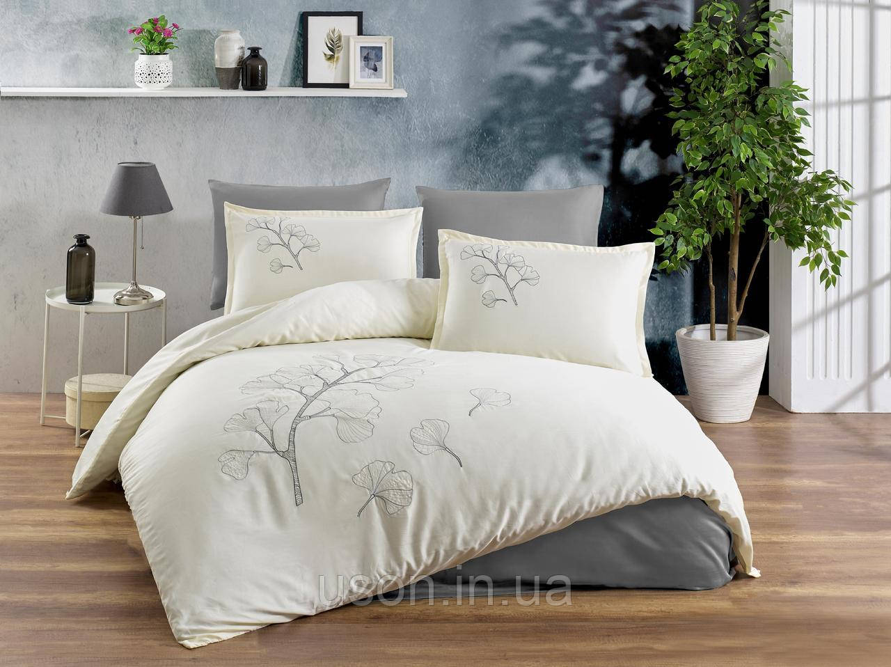 Комплект постільної білизни сатин делюкс з вишивкою TM Zeron 200x220  колiр сірий, фото 1