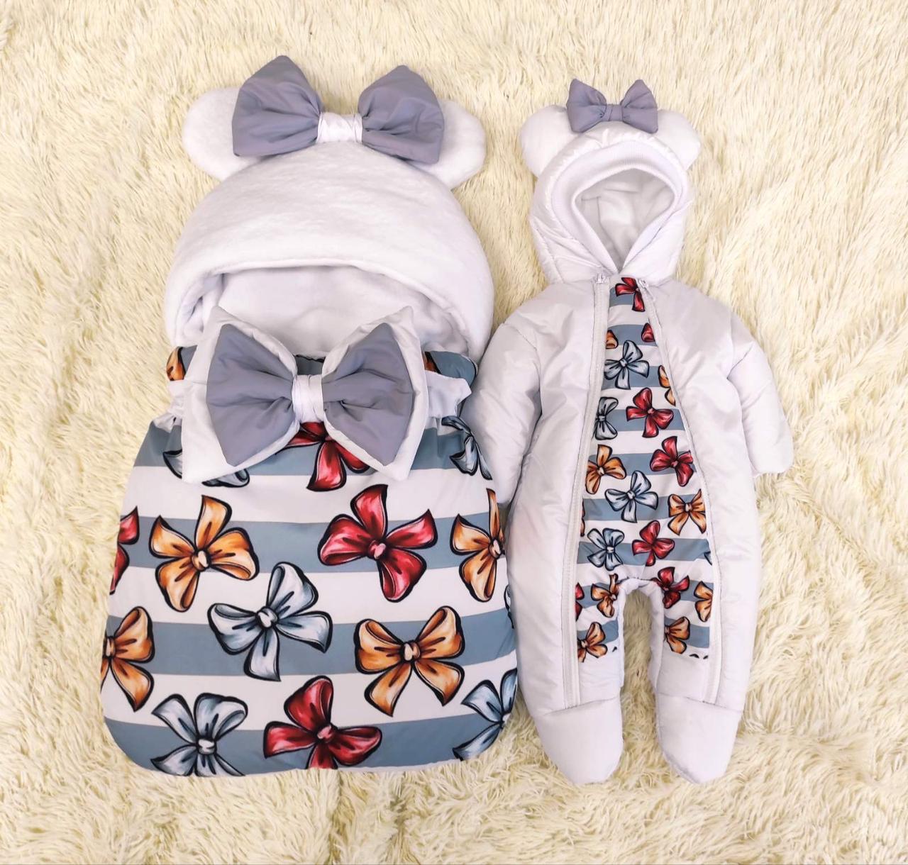 Теплий комплект для новонародженої дівчинки, сірий з принтом бантики, фото 1