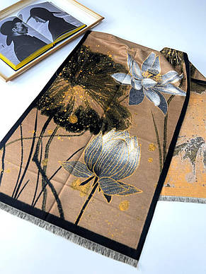 Теплий шарф палантин картина Лотос 180*70 см коричневий, фото 1