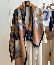 Теплий шарф палантин картина Лотос 180*70 см коричневий, фото 4
