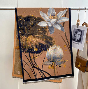 Теплий шарф палантин картина Лотос 180*70 см коричневий, фото 2