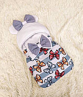Конверт спальник для новорожденных девочек, серый с принтом бантики