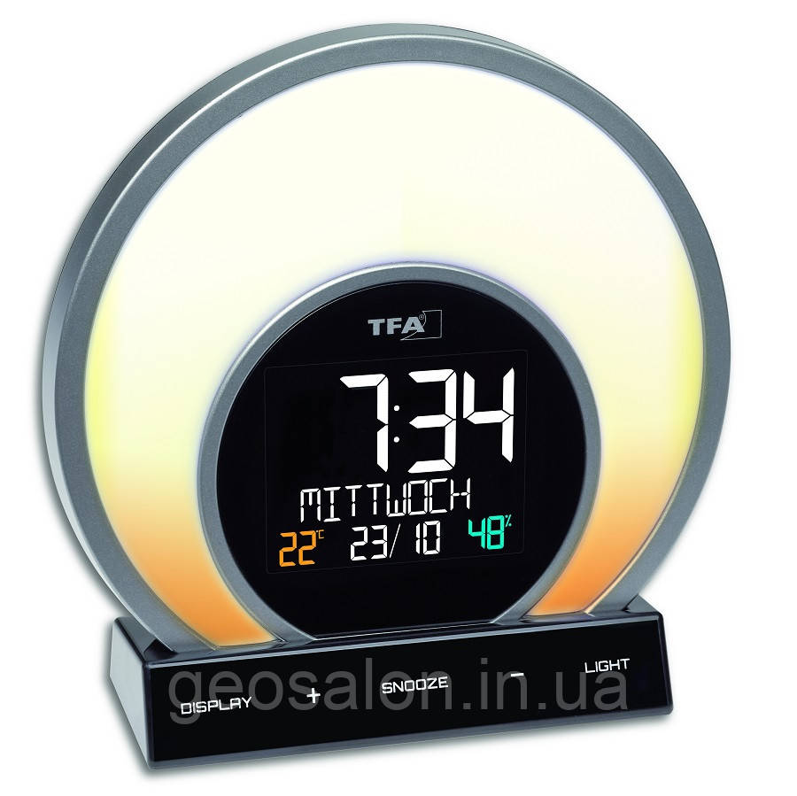 Будильник-світильник TFA "SOLUNA", змінює кольори, термогігрометр, функція зарядки, 170x68x150 мм 60202601, фото 1