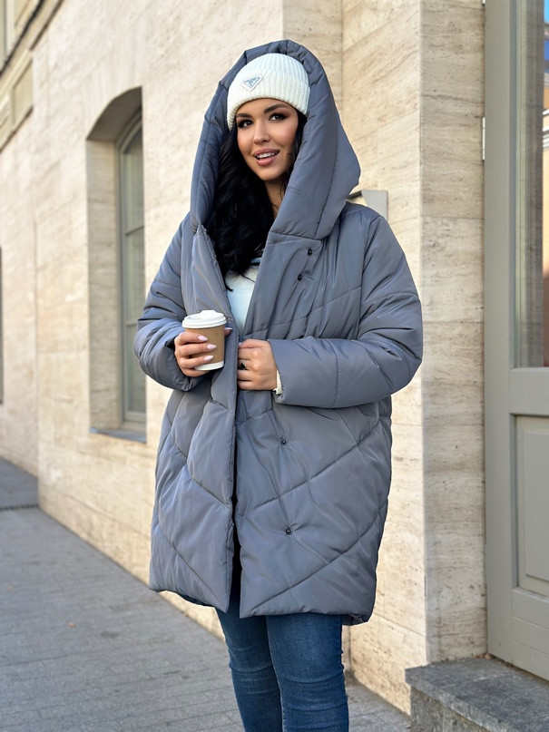 Тепла жіноча зимова куртка-пуховик великих розмірів 48-50,52-54,56-58,60-62 сіра