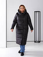 Теплое зимнее женское пальто на синтепоне стеганное больших размеров: 48-50,52-54,56-58,60-62 черное