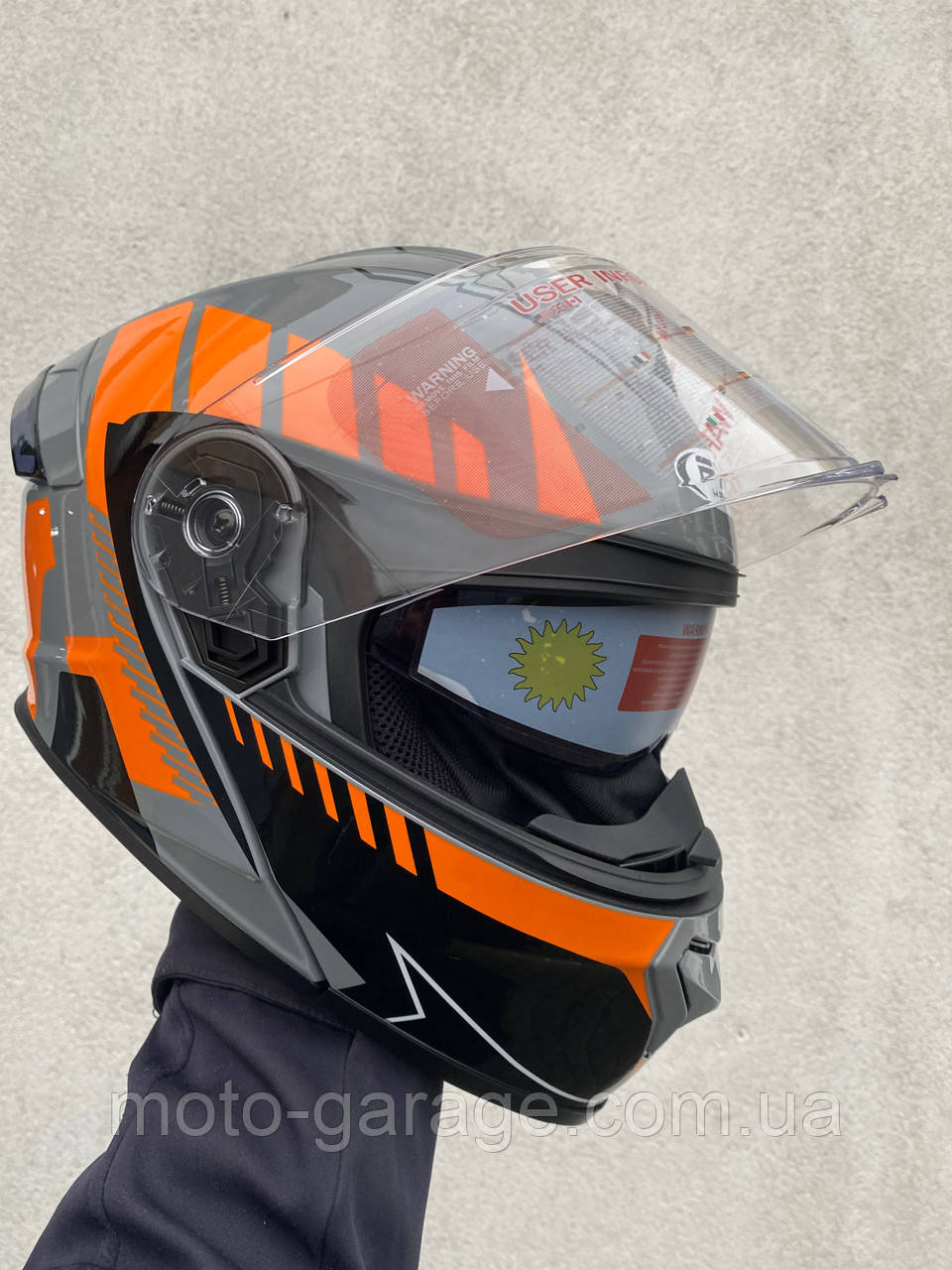 Мотошолом FXW HF-130,Grey/Orange,Модуляр з окулярами, сертифікація DOT, фото 1