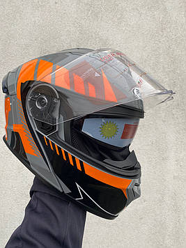 Мотошолом FXW HF-130,Grey/Orange,Модуляр з окулярами, сертифікація DOT