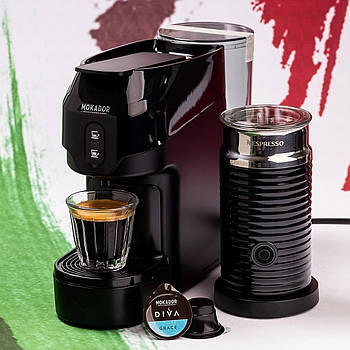 Капсульна кавоварка DIVA MOKADOR D1 Vending Black і Капучинатор-AEROCCINO 3 Milk