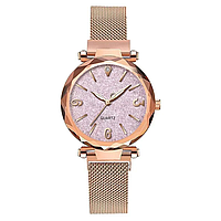 Жіночий наручний годинник рожевий Quartz Rose Gold Pink, сітчастий ремінець мінімалістичний кварцовий годинник