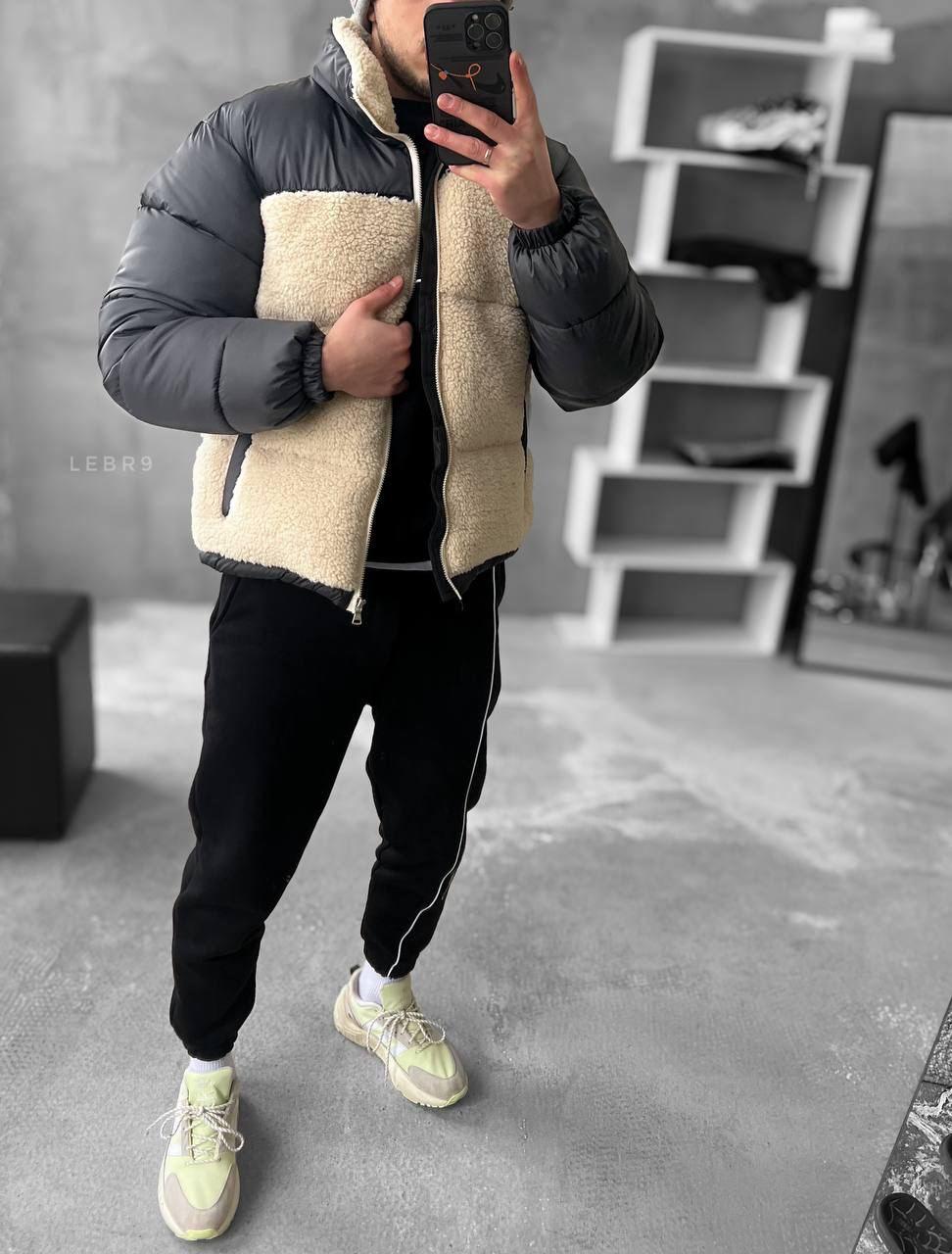 Чоловіча зимова куртка чорна з бежевим плюшева до -20 *С Пуховик короткий без капюшона, фото 1