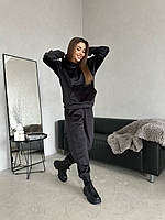 Жіночий м'який костюм з велюру двостороннього: худі та штани (чорний, фрез, графіт)