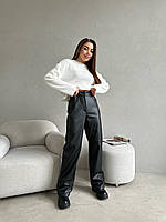 Женские чёрные брюки свободного кроя из эко-кожи на флисе (42-44, 44-46) 44 - 46