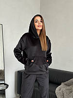 Костюм стильный женский из турецкого велюра: худи и штаны (фрезовый, черный, графит) 42/44, Черный
