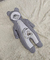 Комбинезон 56-62 размер для новорожденных, серый с принтом Медвежонок на луне