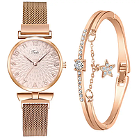 Женские наручные часы розовые Tadi Rose Gold Pink + браслет, сетчатый ремешок минималистичные кварцевые часы