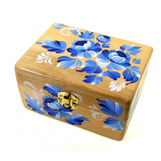 Скринька "Сині квіти" з масиву дерева, ручний розпис (16×10×8 см)