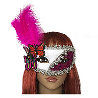 Венецианская маска карнавальная женская Загадка белая с малиновым