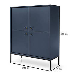 Чотиридверний книжковий комод Mono 104 см синій із чорними металевими ніжками у зал