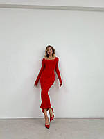Красное женское облегающее длинное платье по фигуре из мягкой вискозы с длинным рукавом