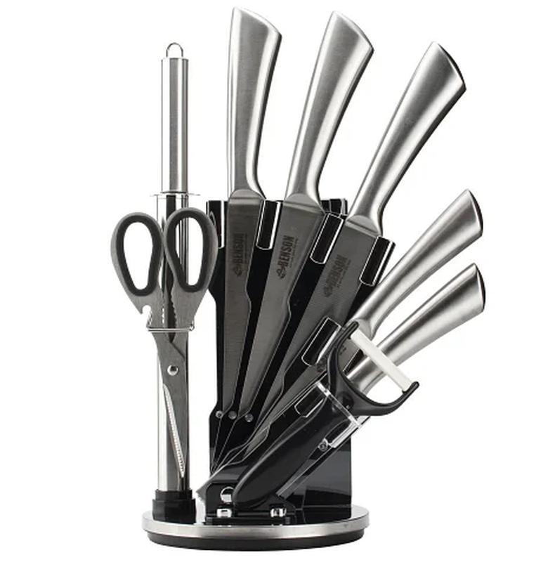 Набір кухонних ножів із нержавіючої сталі 9 предметів із підставкою Benson BN-415