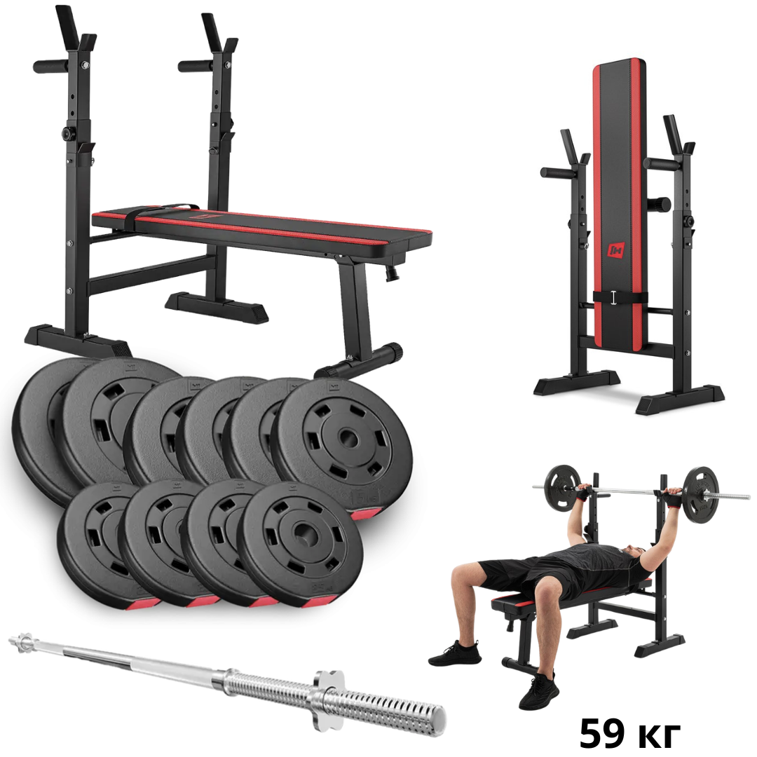 Набір Hop-Sport Premium 59 кг з лавою HS-1080 та штангою, фото 1