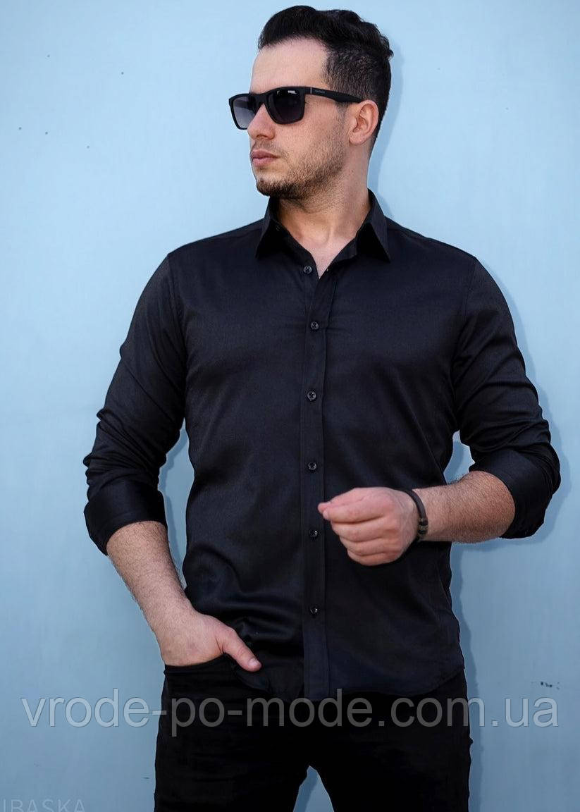 Стильна ошатна бавовняна чорна сорочка, приталена, з довгим рукавом, класичний комір, Туреччина, асортимент