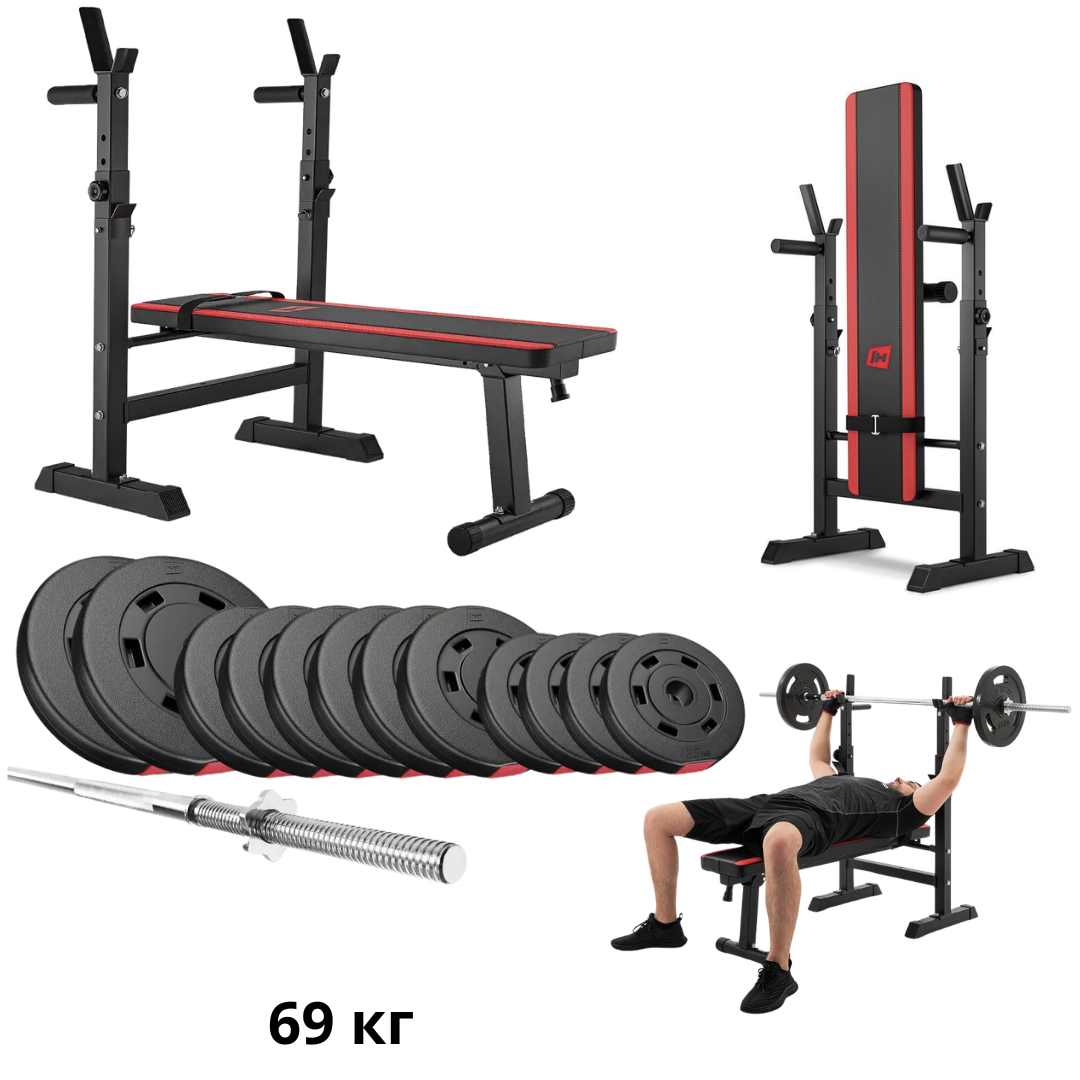 Набір Hop-Sport Premium 69 кг з лавою HS-1080 та штангою, фото 1