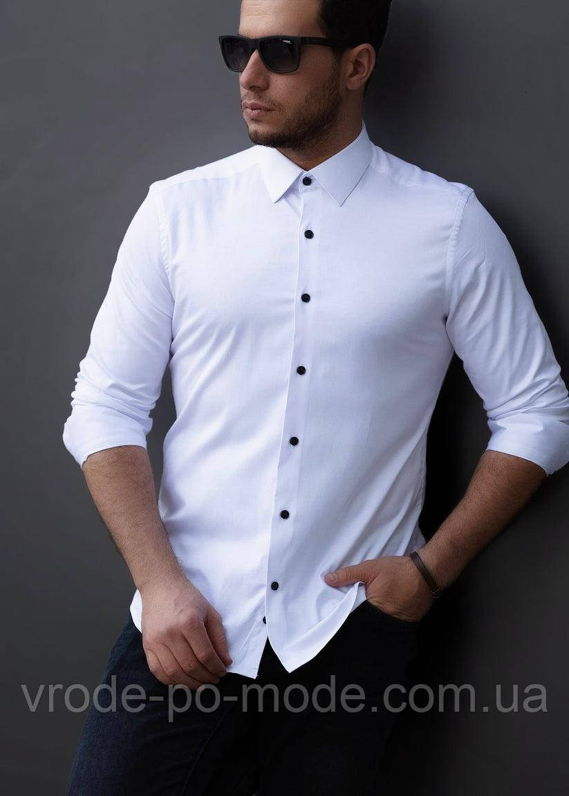 Однотонна ошатна біла сорочка для чоловіків із довгим рукавом і класичним коміром, натуральна бавовна, великий асортимент