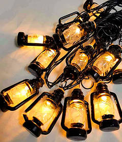 Гірлянда світлодіодна "Ретро ліхтарики", 5м, 12 LED, від мережі 220В, чорний провід, Теплий білий