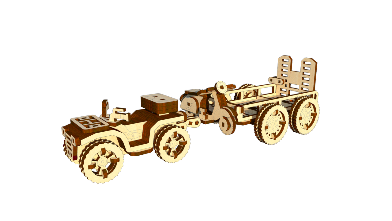 Механічний дерев'яний 3D пазл PUZLY конструктор "Квадроцикл з причепом" 134 ел.