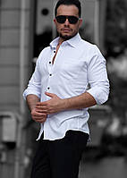 Стильна чоловіча біла сорочка приталена, ошатна бавовняна з довгим рукавом і кишенею, великий асортимент