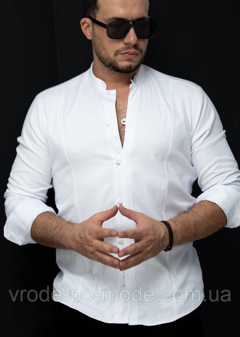 Бавовняна чоловіча біла сорочка ошатна, приталена, з довгим рукавом, комір стійка, Туреччина, асортимент, фото 1