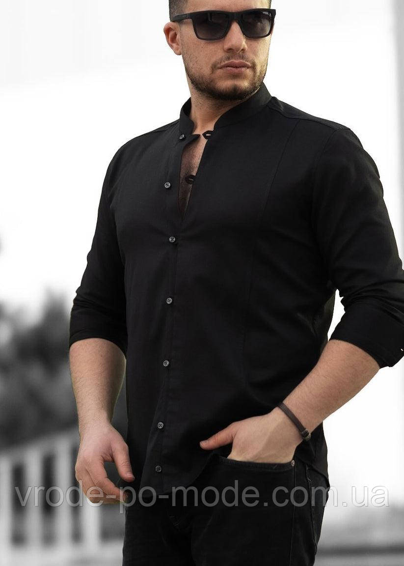 Бавовняна однотонна чорна сорочка ошатна, приталена, з довгим рукавом, комір стійка, Туреччина, асортимент