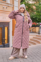 Женское стеганое бежевое пальто-куртка длинное с капюшоном большие размеры