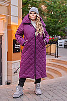 Женское стеганое марсаловое пальто-куртка длинное с капюшоном большие размеры