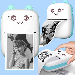 Портативний дитячий термопринтер Mini printer A8C Bluetooth принтер котик для друку, голубий