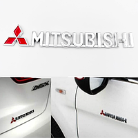 Емблема наклейка MITSUBISHI (Мітсубісі) ЛОГО Червоний Хром напис — 17х3 см