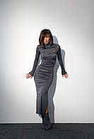Вечернее платье с драпировкой и вставкой из сетки - серый цвет, M (есть размеры)