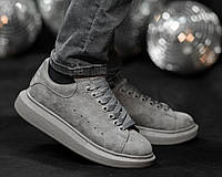 Кросівки замшеві Alexander McQueen Dark Grey / Маквіни замшеві темо сірі з сірою підошвою