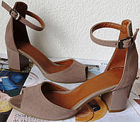 Goldi! Ніжні літні жіночі туфлі босоніжки підбор 6,5 см замша бежева дуже зручні 37,39,40 розм