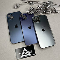 Чехол для iPhone 15 Plus стеклянный с хромированным ободком Glass Titanium Case с линзами на камеру матовый