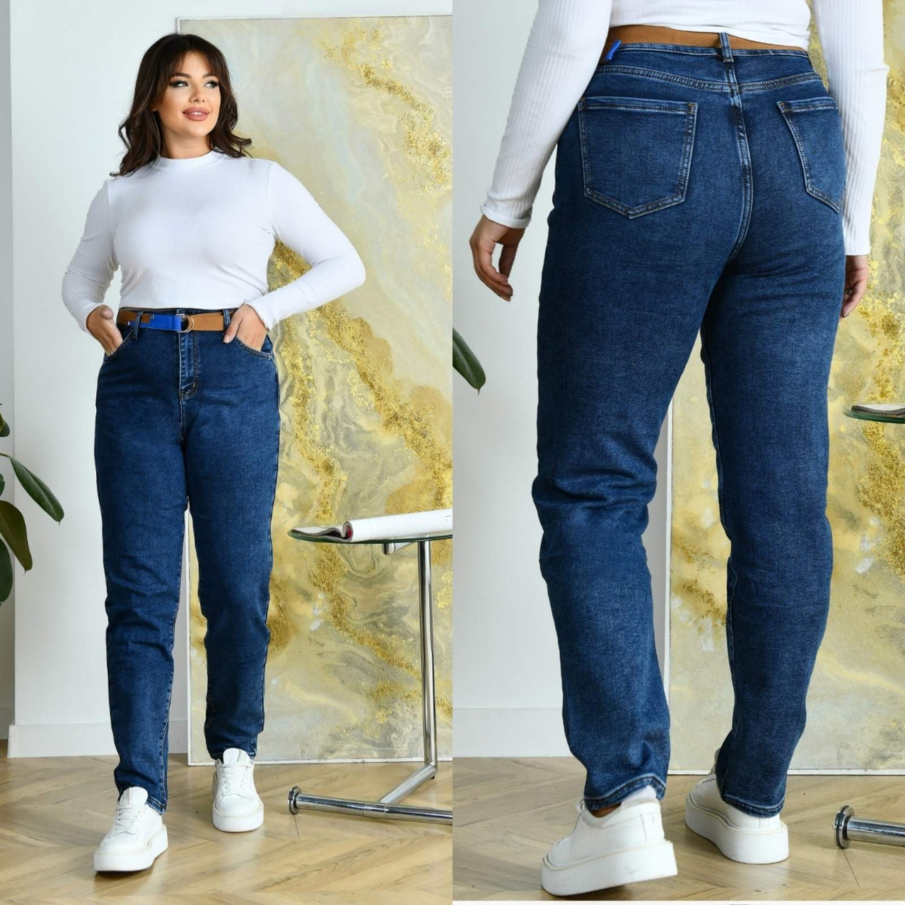 Жіночі теплі джинси з високою посадкою у синьому кольорі мом на байці, фото 1