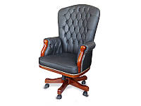 Кресло руководителя Честерфилд механизм мультиблок комбинированная кожа люкс черная (Диал ТМ)