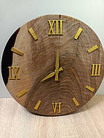 Настінний годинник дизайнерський круглий з епоксидної смоли і дерева золотий римський циферблат 35 см