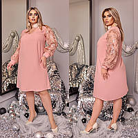 Ніжне ошатне вільне плаття-трапеція батал з ажурними рукавами (р.48-62). Арт-2194/42